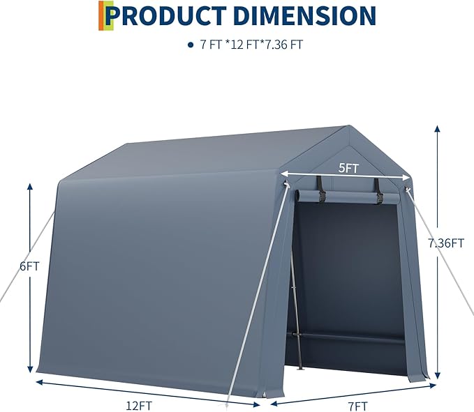 7x12 FT Outdoor Portable Storage Shelter Shed,Heavy Duty Waterproof Tarp,Motorcycle Garage with Roll-up Zipper Door,Storage Tent for Motorcycle Bike Wood Tool Lawn Mower,Gray