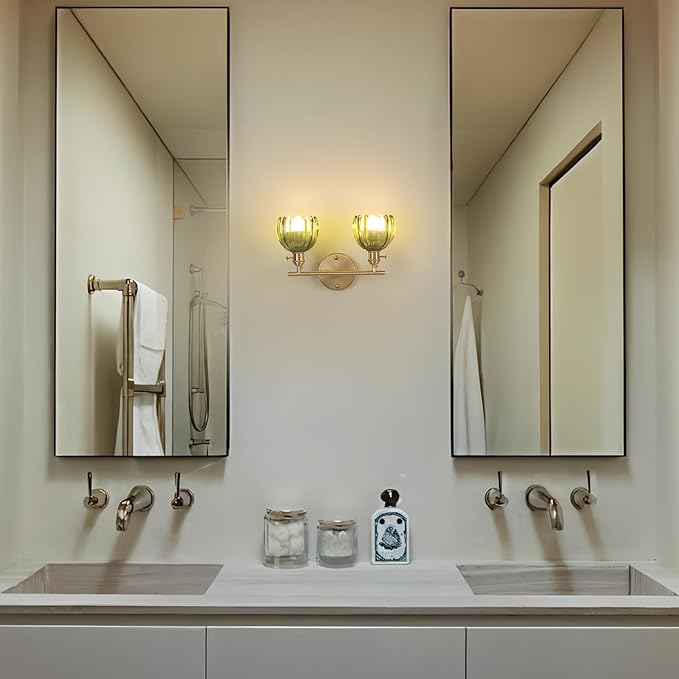 Battery Operated Bathroom Light Fixtures, 2-Light Brass Vanity Wall Light with 5000mAh Rechargeable Bulb Over Mirror with Green Tulip Glass Shade for Bedroom Living Room