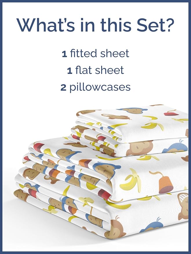 Kids Queen Size Monkey Bed Sheets - 4 Piece Monkey Sheet Set - Cartoon Banana Bedding - Soft, Cute & Cozy - Comfy, Breathable & Machine Washable - Animal Bed Set for Boys, Girls, Teens and Toddlers
