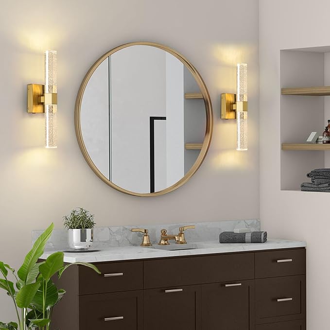 Battery Operated Crystal Wall sconces Set of 2,Rechargeable Modern Vanity Light Fixtures, 3000K-6000K Dimmable Gold LED Wireless Wall Lights for Bathroom Bedroom Living Room Hallway(2 Pack)