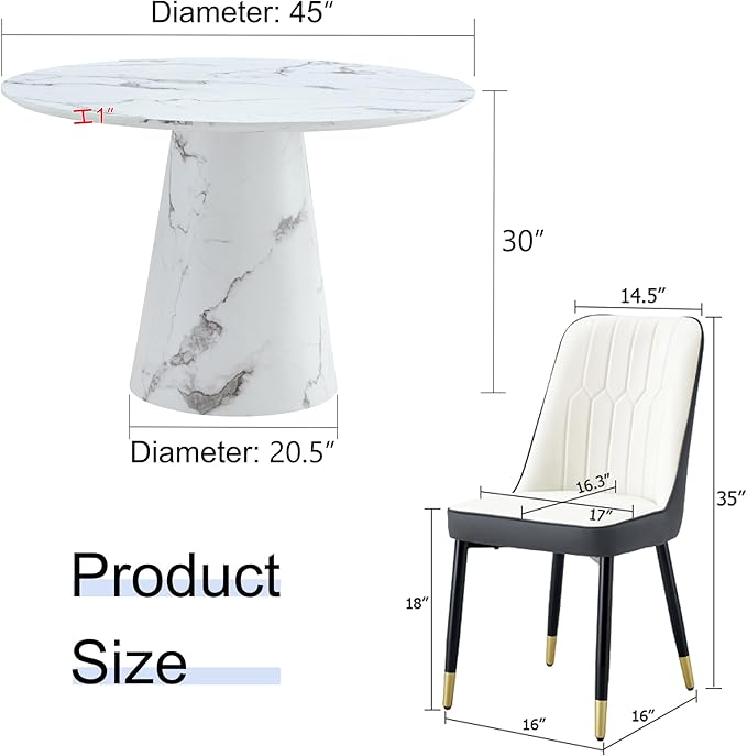 45 Inch Round Dining Table Set for 4, 5 Piece Kitchen Table and Chairs Set, White Faux Marble Table Top, Small Space Dining Set for Apartment or Dining Room