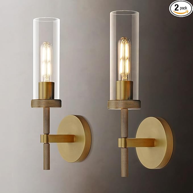 Brass knurled Wall Sconces Set of Two, 14" Sconces Wall Lighting Indoors, Gold Bathroom Vanity Wall Sconces, Wall Lights for Living Room Bedroom Hallway Kitchen Bathroom Mirror Including Bulb