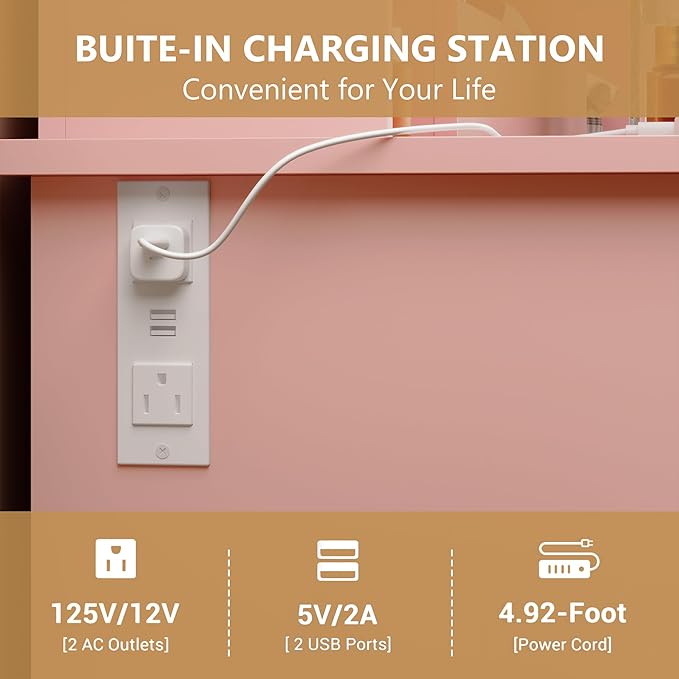 Vanity Desk with Mirror and Lights,Pink Makeup Vanity with Charging Station & Vanity Stool, 3 Drawers and Cabinets White Vanity Mirror with RGB LED Lights Vanity Desk and Chair for Women