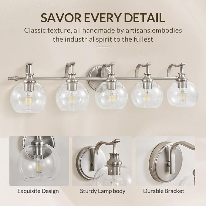 ANDY STAR 5-Light Brushed Nickel Bathroom Light Fixture, 35" Large Wall Sconce, Glass Globe Design, Perfect for Large Bathrooms, Double Vanities, Elegant Linear Design