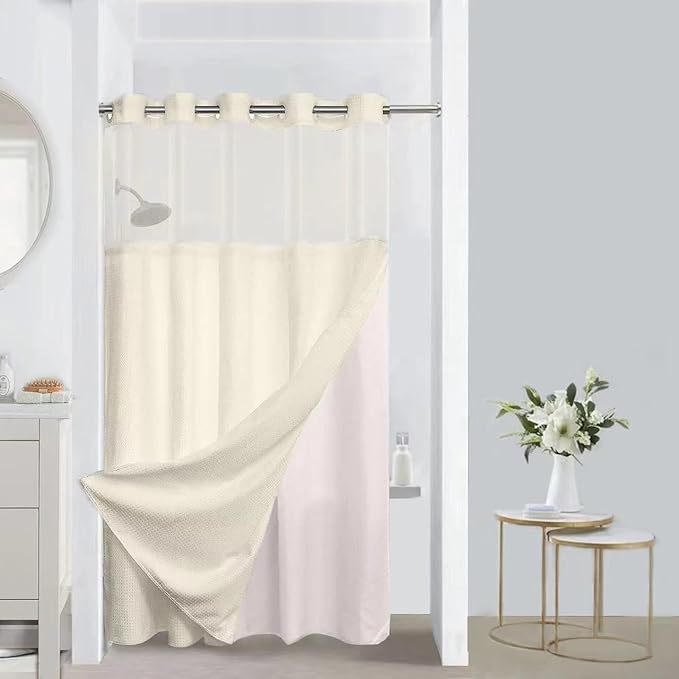 No Hooks Required Waffle Weave Shower Curtain with Snap in Liner-Hotel Grade Waterproof & Mesh Top Window Spa Like Small Stall Bath Curtain Machine Washable 54Wx80L Beige