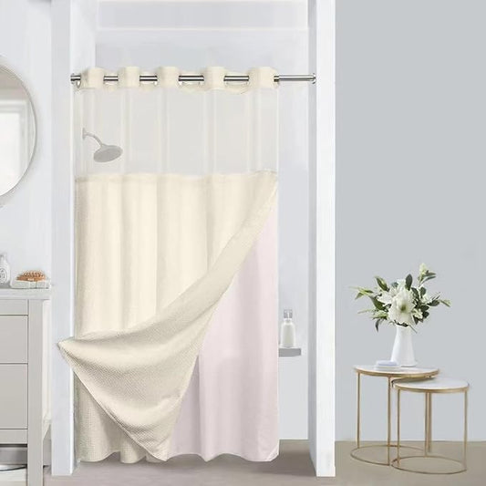 No Hooks Required Waffle Weave Shower Curtain with Snap in Liner-Hotel Grade Waterproof & Mesh Top Window Spa Like Small Stall Bath Curtain Machine Washable 54Wx80L Beige