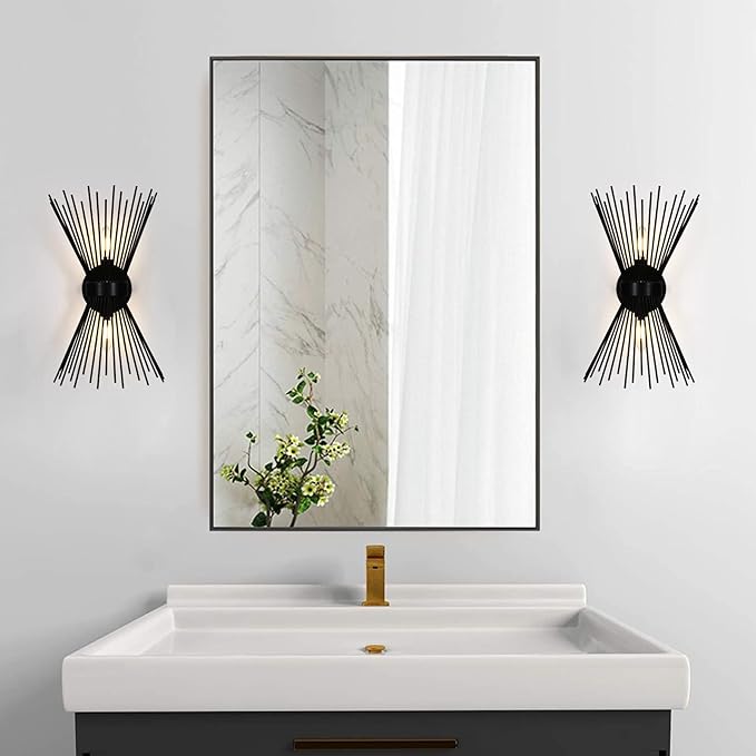 EDISLIVE 2-Bulb Vanity Light Mid-Century Modern Starburst Wall Sconce Lamp Sunburst Sconce- 11 x 4.7 x 15.8 Inches Wall Light for Powder Room Bedroom Bathroom (Black)
