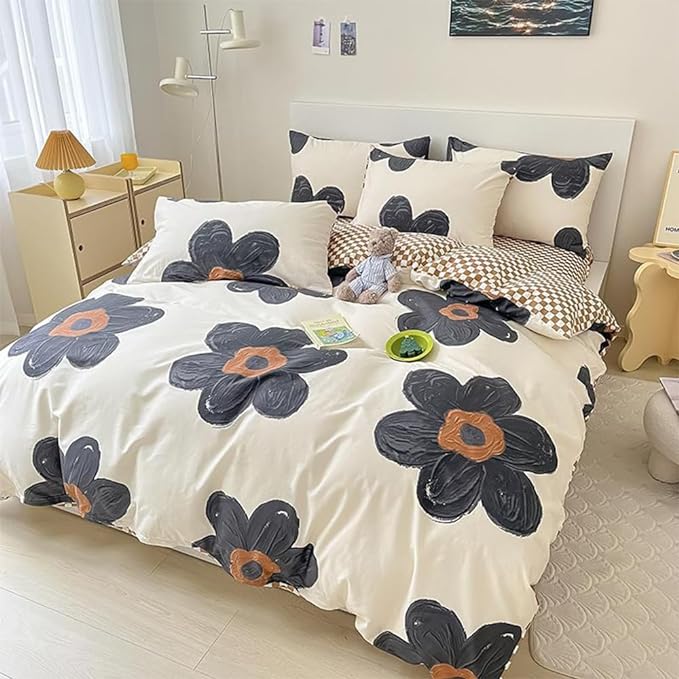 CLOTHKNOW Black Floral King Size Comforter Set Sunflower Bedding Comforter Sets Pumpkin Grid Comforter Boho Comforter with 2 x Pillow Cases