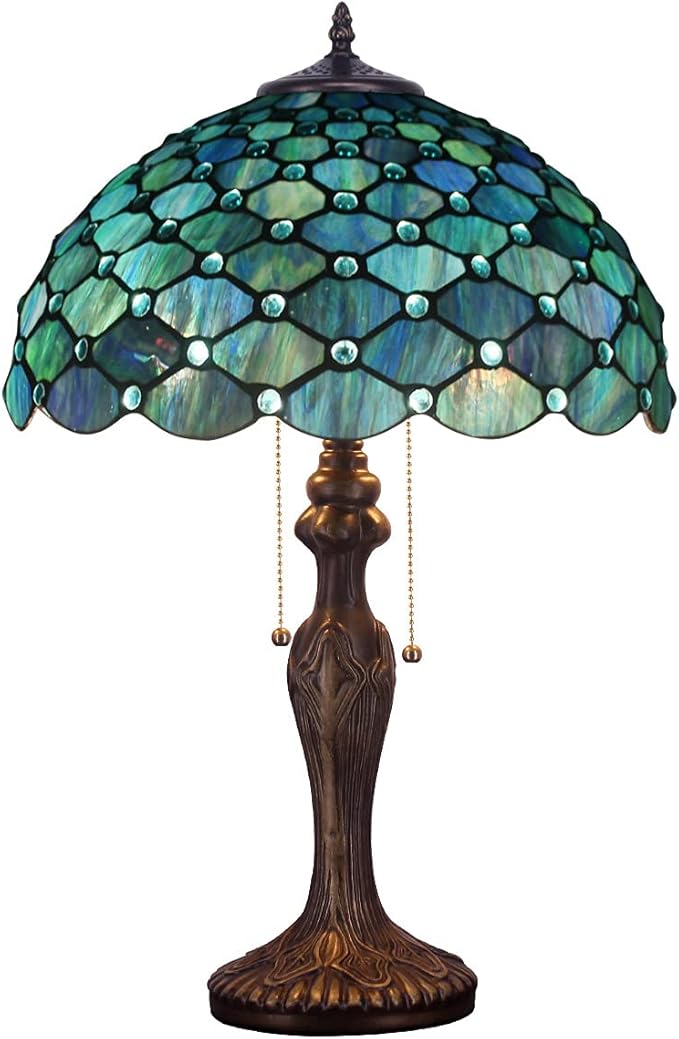 Tiffany Table Lamp Stained Glass Lamp 16X16X24 Inch Antique Standing Reading Light Living Room Office Bedroom (Sea Blue Pearl)