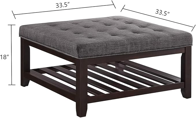 24KF Large Square Upholstered Tufted Linen Ottoman Coffee Table, Large Footrest Ottoman with Solid Wood Shelf-Dark Gray