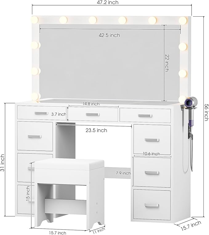 Likein Vanity Desk with Mirror and Lights, 47‘’ Glass Top Vanity with Power Strip, 9 Drawers Makeup Vanity with Lighted Mirror and Chair, 3 Lighting Modes Adjustable Brightness