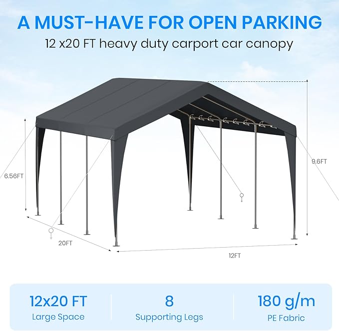 Carport 12x20 Heavy Duty Portable Garage,Galvanized Frame Carport Canopy,Portable Garages and Shelters with 8 Leg&4 Wind Rope,Car Tent Garage with All-Season Tarp for Truck Boat,Without Sidewall,Grey