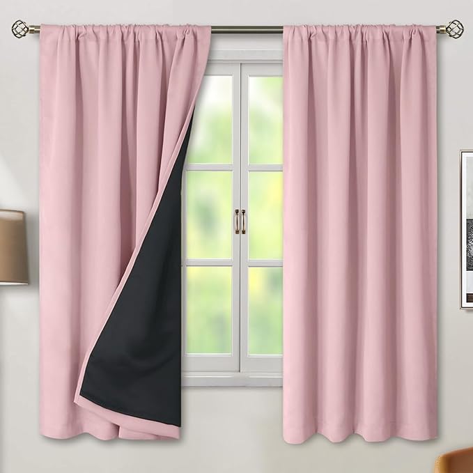 BGment Pink 100% Blackout 63 Inch Curtains 2 Panel Set with Black Liner, Rod Pocket and Back Tab Double Layer Thermal Insulation Room Darkening Light Blocking Window Curtain for Bedroom, 42 x 63 Inch