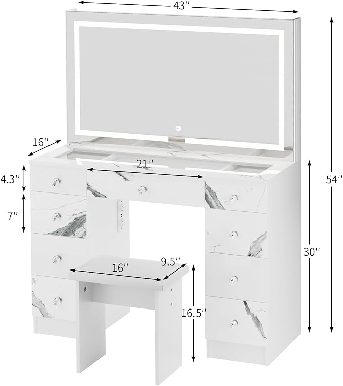 VOWNER Vanity with Lighted Mirror - Glass Top Makeup Desk with Power Outlet and 9 Drawers, 3 Color Lighting Modes Adjustable Brightness, 43" Vanity Desk with Soft Cushioned Stool for Bedroom, Marble