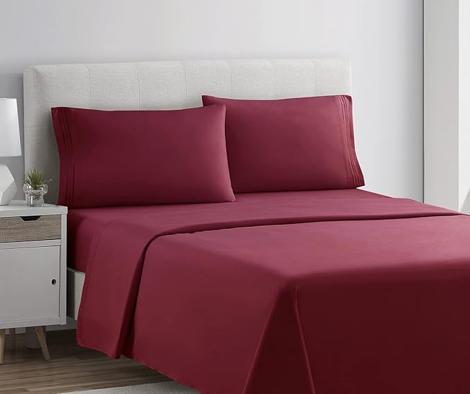 Clara Clark Bed Sheets, Premier 1800 Series 4 Piece Bed Sheet Set, Deep Pocket, Wrinkle, Fade, Stain Resistant, Luxury Soft Bedding Sheets & Pillowcases, Twin, Burgundy Red
