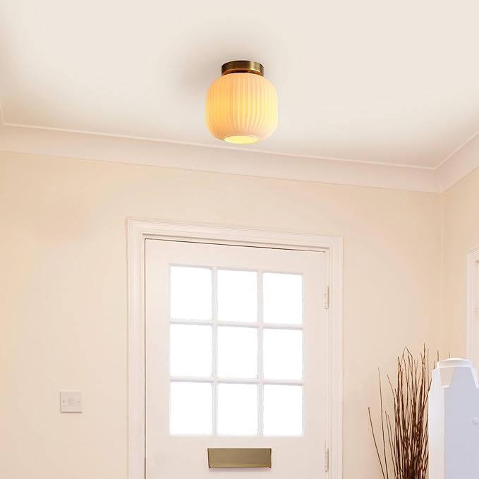 GLOBE Electric 66000079 1-Light Flush Mount Ceiling Fixture, Matte Brass, Frosted Ribbed Glass Shade, Kitchen Island Lighting, Dining Room Fixture, Modern Home Decor for Living Room