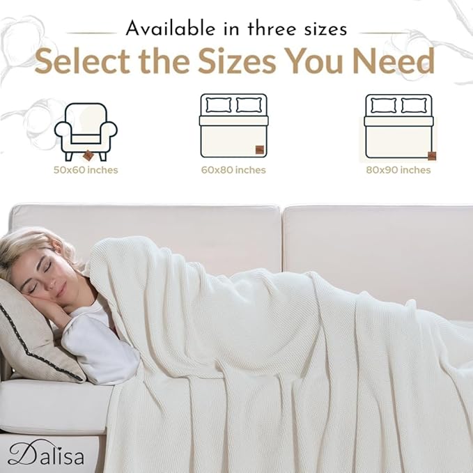 Dalisa 100% Organic Turkish Cotton Throw Blanket - GOTS Certified, Cozy - Perfect for Couch, Bed, and Home Decor - Boho Vintage Knit Alina (White, 60x80)