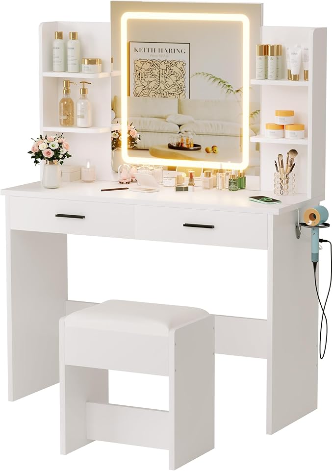 KAMABOKO Vanity Desk with Mirror, LED Lights and Power Outlet, Makeup Vanity Table with 2 Drawers and 6 Storage Shelves, Dressing Table for Bedroom Dressing Room (White)