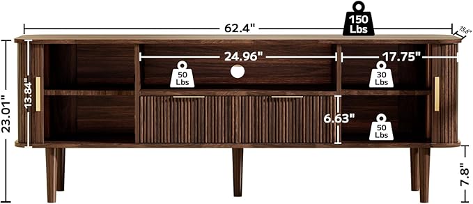 TV Stand 62.4 Inch Mid Century Modern Media Console Table with Drawer Shelves Sliding Tambour Door Farmhouse Sideboard Buffet Cabinet Fits TVs up to 75 inch Fluted Wood Entertainment Center