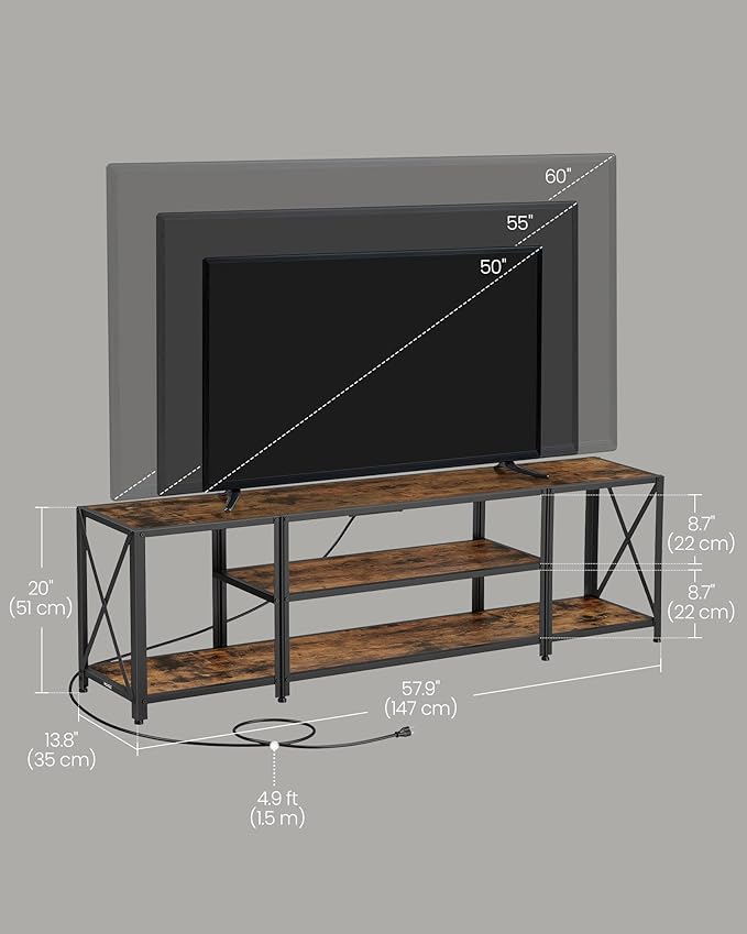 VASAGLE TV Stand with Power Outlets and LED Lights, for TVs up to 60 Inches, Entertainment Center with Open Storage Shelves, TV Console Table for Living Room, Rustic Brown and Ink Black ULTV121K01