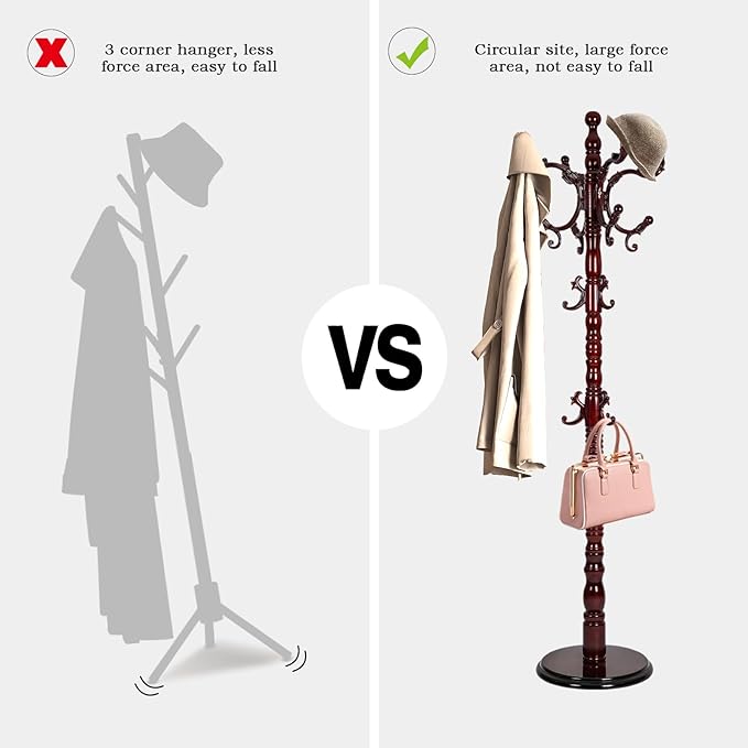 Coat Rack Freestanding, Wooden Tree Coat Rack Stand with 3 Adjustable Sizes Coat Tree and 14 Hooks, Sturdy Hall Tree with Solid Round Base for Entryway, Hallway,Bedroom (Reddish brown)