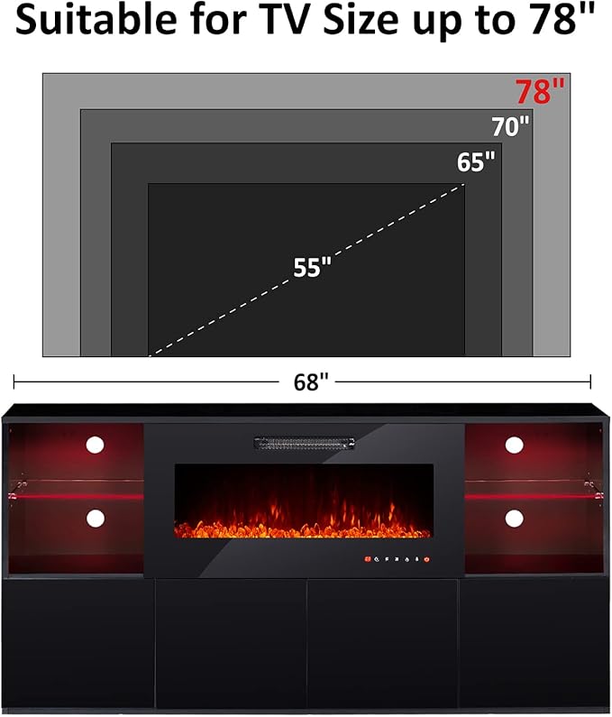 Fireplace TV Stand for TVs up to 75", Modern High Gloss Entertainment Center with 40" Fireplace, 4 Shelves & Storage Cabinets, Media Console Table 68 Inches, Black