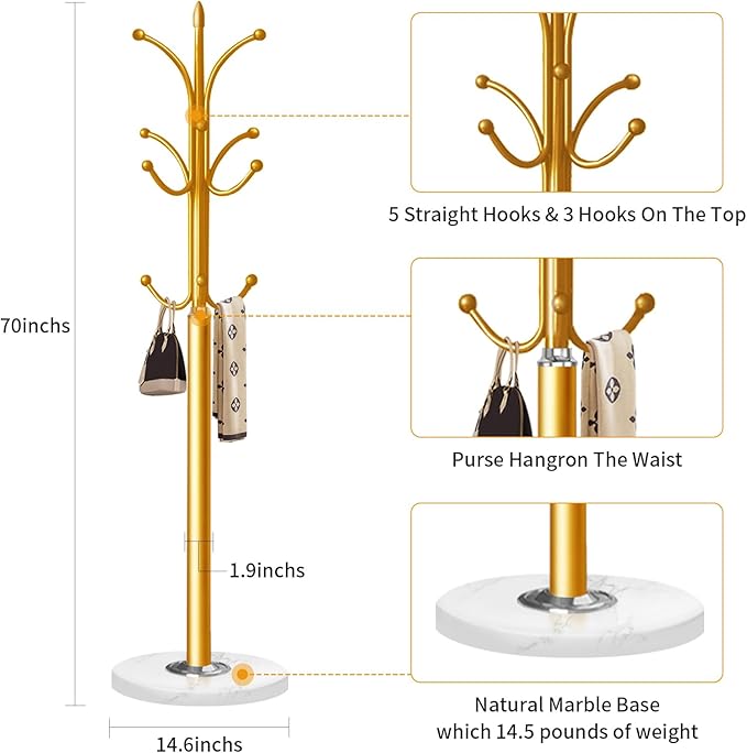 Metal Coat Rack Stand with Natural Marble Base, Coat Rack Freestanding, Free Standing Hall Tree with 12 Hooks for Hanging Clothes, Bags, Scarfs, Coat Hanger for Entryway, Hallway (Gold)