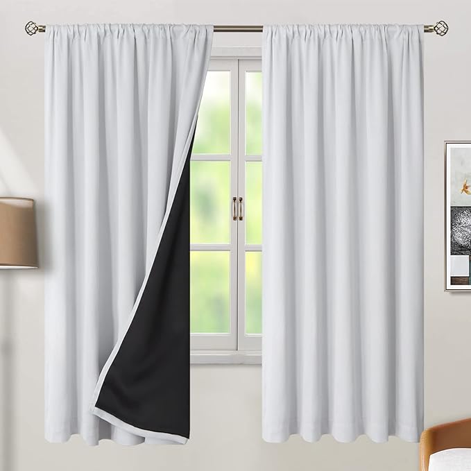 BGment Greyish White 100% Blackout Curtains 72 Inches Long with Black Liner, Rod Pocket and Back Tab Double Layer Room Darkening Thermal Window Curtains for Bedroom, 2 Panels, Each 52 x 72 Inch
