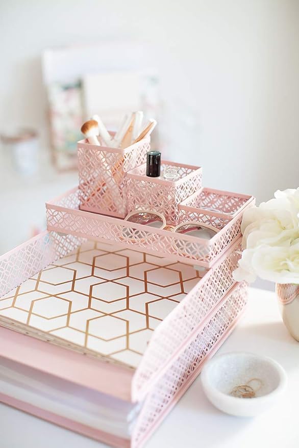 BLU MONACO Pink Desk Organizer Set for Women – 6-Piece Interlocking Office Supplies Set, Pen Cup, 3 Accessory Trays & 2 Letter Trays, Pink Room Decor for Women & Teen Girls