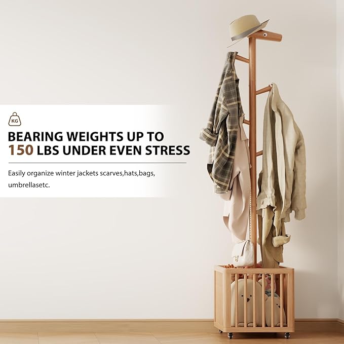 Coat tree freestanding heavy duty，Wooden coat rack freestanding for Entrance, Bedroom, Living room(Natural)