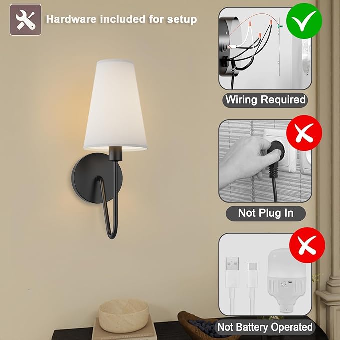 Electro bp;Single Head Classic 1 Light Wall Sconce Lighting Fixture Black with Cream White Linen Fabric Lamp Shades E12 40W Hardwired (Set of 2);