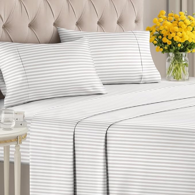 Light Grey and White Striped Sheets - 1 Flat & 1 Fitted Sheet & 2 Pillowcases w/ Deep Pockets - Wrinkle & Fade Resistant, Ultra-Soft, Breathable & Cooling - Luxury Pinstripe Bedding - King Size
