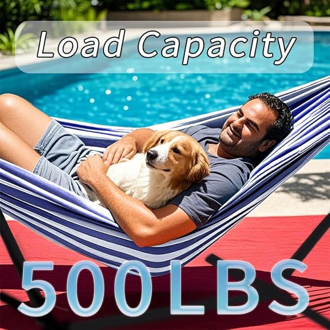 Double Hammock, Heavy Duty Portable, 500 lb Weight Capacity, Perfect for Both Indoors and Outdoors, 2 Person Hammock with Carrying Bag, Blue White