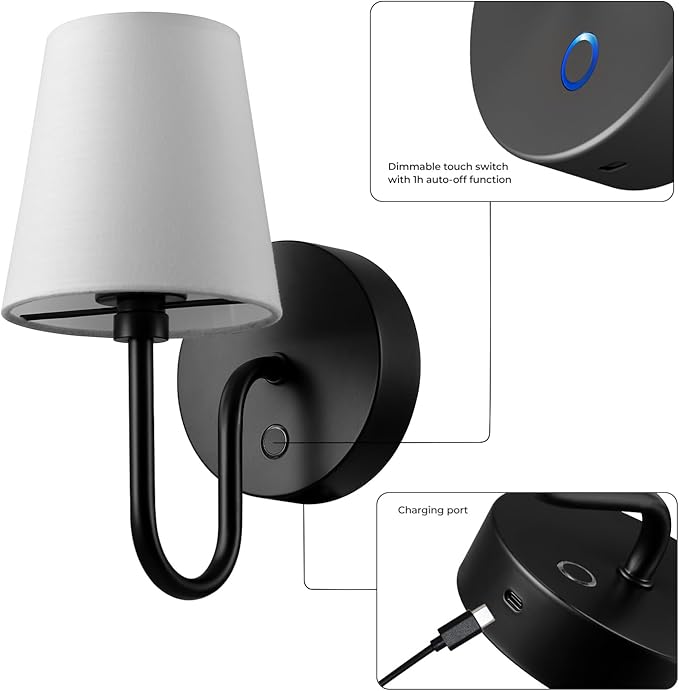 GLOBE Electric 65000132 Rechargeable Battery Wall Sconce, Integrated LED, Matte Black Finish, White Fabric Shade, 3-Step Touch Dimming, Timer, USB-C Charging, Wireless Modern Lighting