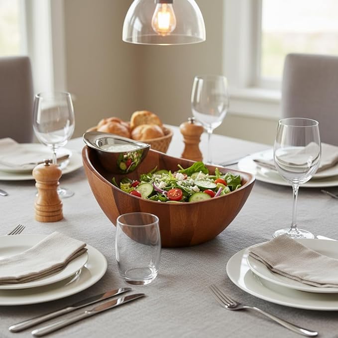 Nambé Harmony Chip & Dip Serving Bowl 12” x 6.5”, Acacia Wood with Removable Dip Dish for Chips & Salsa, Appetizers & Snacks, Party & Entertaining, Kitchen & Dining, Buffet & Snack Bowls