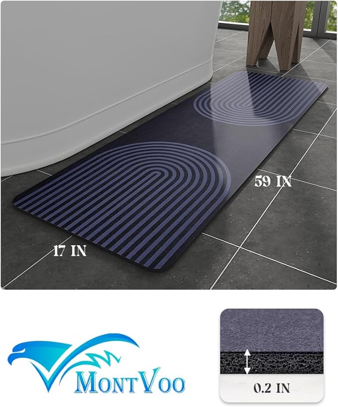 MontVoo -Bath Mat-Non Slip Thin Bathroom Rugs Fit Under Door- Quick Dry Absorbent Faux Suede Surface Grey Bathroom Floor Mats-Shower Rug for in Front of Bathtub Shower Blue Arched 17x59