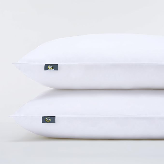 Serta Simply Clean Soft Stain-Resistant Down Alternative Medium/Firm Bed Pillows for Sleeping (2 Pack), Queen, White