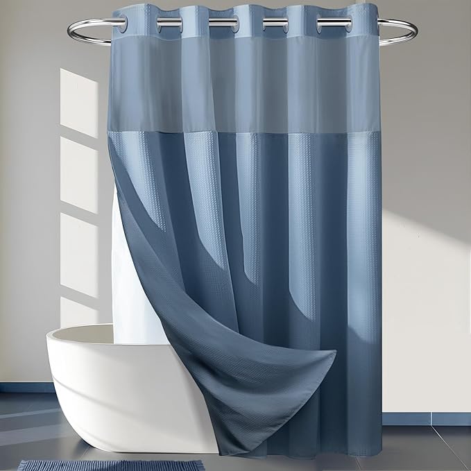 River Dream Blue Shower Curtain No Hooks Required Dotted Waffle Weave Shower Curtain with Snap in Liner - 71W x 74H,Hotel Grade,Spa Like Bath Curtain,Moonlight Blue