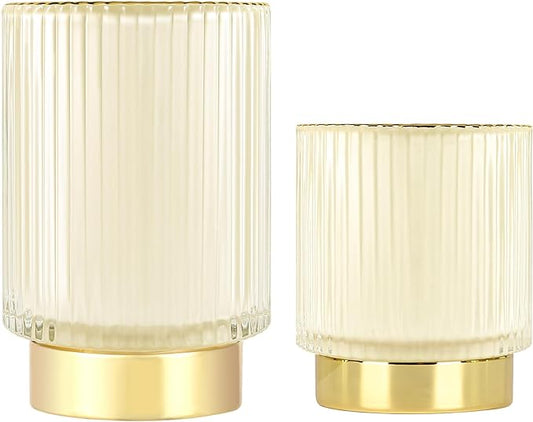 DASITON Makeup Brush holder Organizer,Crystal Cosmetic Makeup Brush Glass Brushes Storage Holder, Vintage Make Up Brush Cup Pen Pencil Holder striped vase(Cream S+L)