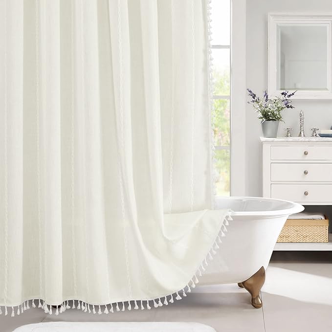 MitoVilla Boho Farmhouse Fabric Shower Curtain Set, Ivory Polyester Linen Shower Curtains for Vintage Rustic Bathroom Decor, Modern Neutral Wrinkle Resistant Cloth Shower Curtain, 72 x 72