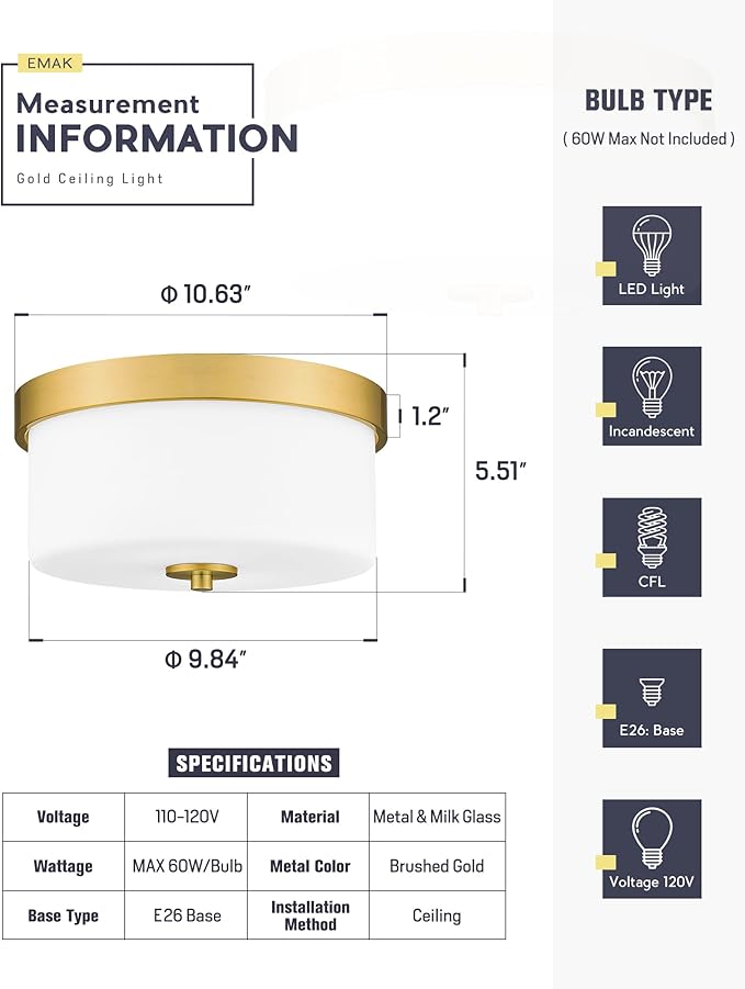 Emak 11 Inch Brushed Gold Flush Mount Ceiling Light Fixture, 2-Light Fixtures Ceiling Mount with Milk Glass Shades for Hallway, Kitchen, Bathroom, Dining Room, FM082-GD-ML