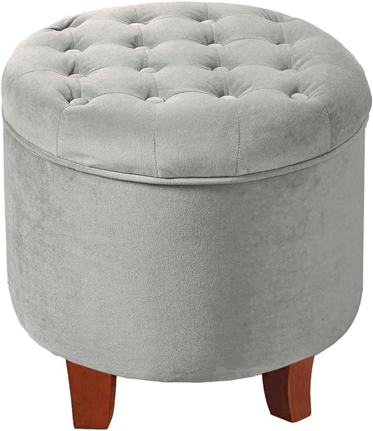 Homepop Home Decor | Upholstered Round Velvet Tufted Foot Rest Ottoman | Ottoman with Storage for Living Room & Bedroom | Decorative Home Furniture, Gray Small