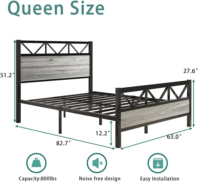 Queen Bed Frame with Headboard, Industrial 51.2" Tall Headboard, Queen Platform Bed Frame with Heavy Duty Metal Slats Support, No Box Spring Needed, Noise-Free, Easy Assembly, Wash Grey