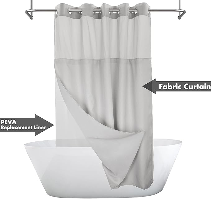Extra Long No Hook Slub Textured Shower Curtain with Snap-in PEVA Liner Set - 71" x 86"(84"), Hotel Style with See Through Top Window, Grey Fabric Curtain & Waterproof Liner, Gray, 71x86