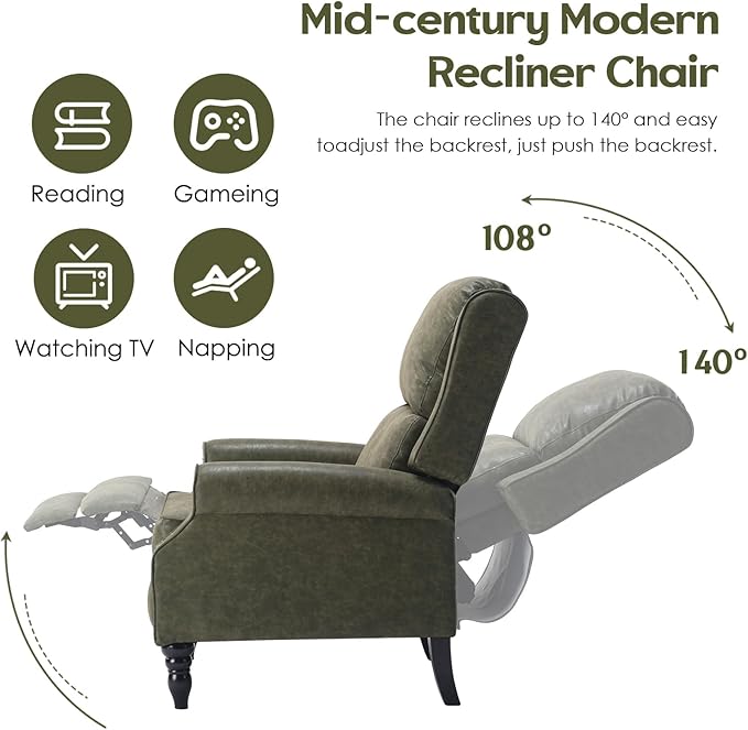 Leather Recliner Chair, Adjustable Backrest Footrest, Pushback Recliner with Overstuffed Arms Lumbar Support for Reading Mid Modern Reclining Chair, Living Room, Green