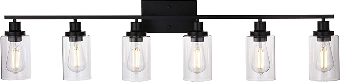 MELUCEE Black Vanity Light Fixture 6-Light Industrial Metal Wall Sconce Bathroom Lighting for Bedroom Hallway Kitchen, Clear Glass Shade Included (Patent No.: US D963914 S)