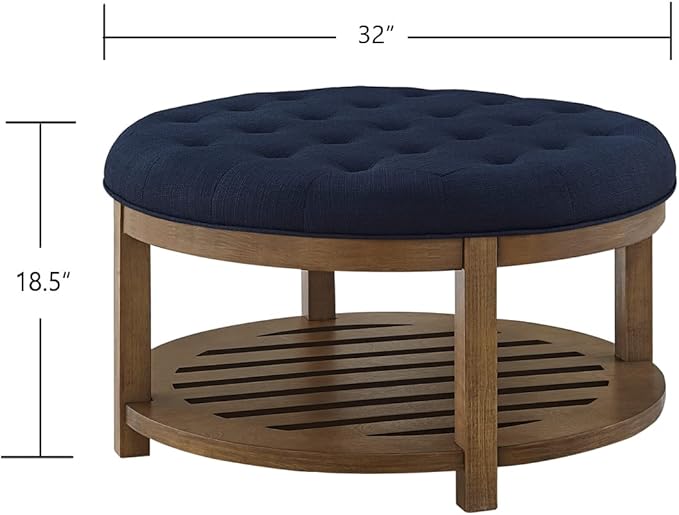 24KF Large Round Upholstered Tufted Linen Ottoman Coffee Table, Large Footrest Ottoman with Wood Shelf Storage- Navy Blue