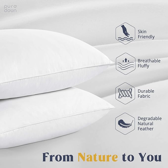puredown® Goose Feathers and Down White Pillows with 100% Soft Cotton Cover, Bed Sleeping Hotel Collection Pillows Set of 2 King Size