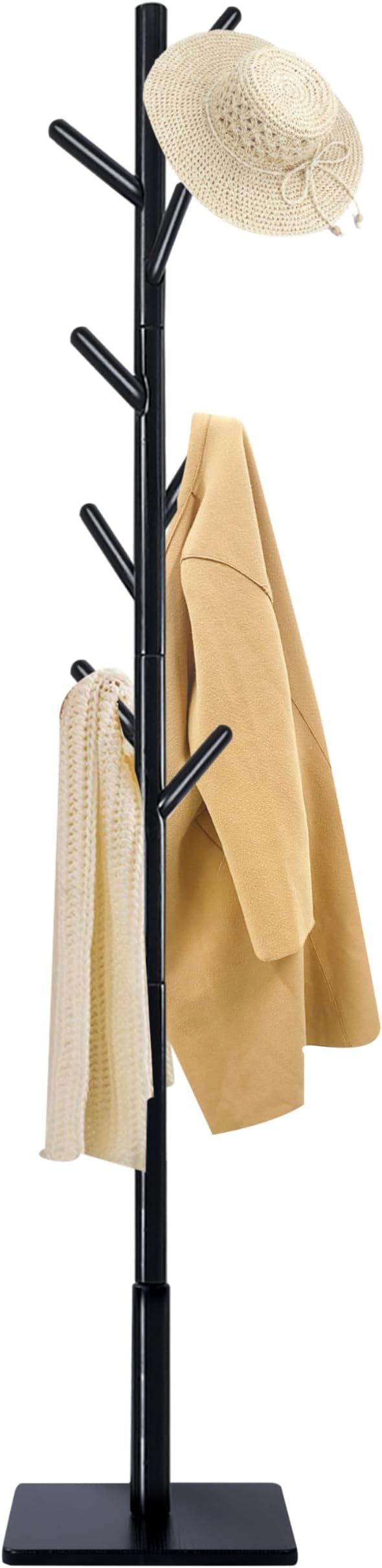 Yawinhe Coat Rack, Sturdy Woode Stand Tree with 8 Hooks, 3 Adjustable Height for Bedroom, Hallway, Entrance, Office, 11.8 x 70.8 inches, Black, 1-Pack, Square Base