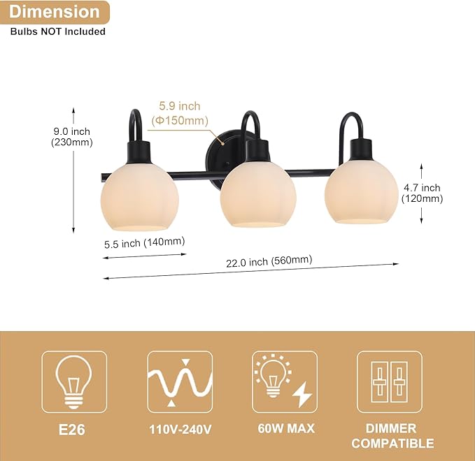 3-Light Bathroom Vanity Light Fixtures, Black Wall Sconce with Milk White Globe Glass Shade, Vanity Lighting E26 Socket for Mirror Kitchen Living Room Hallway